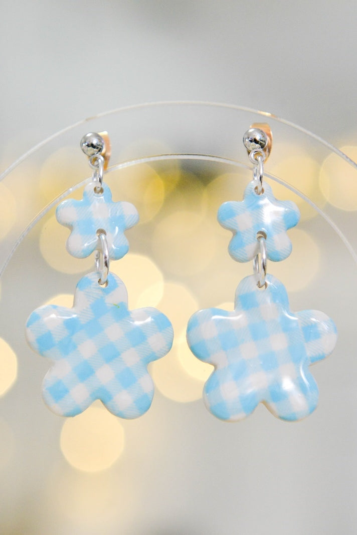 Blue Gingham Flower Earrings