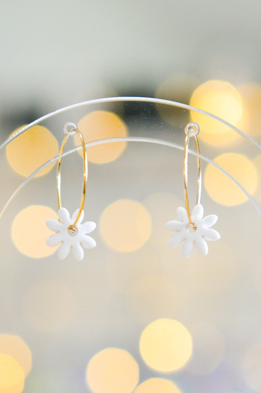 White Daisy Hoop Earrings