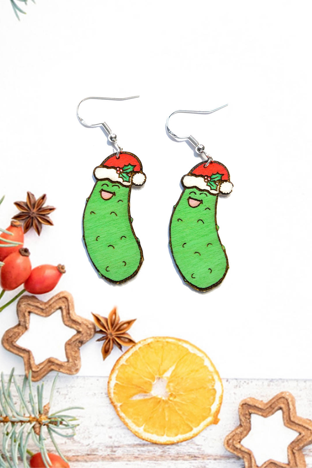 Festive Pickle Christmas Hat Earrings  Media 1 of 2