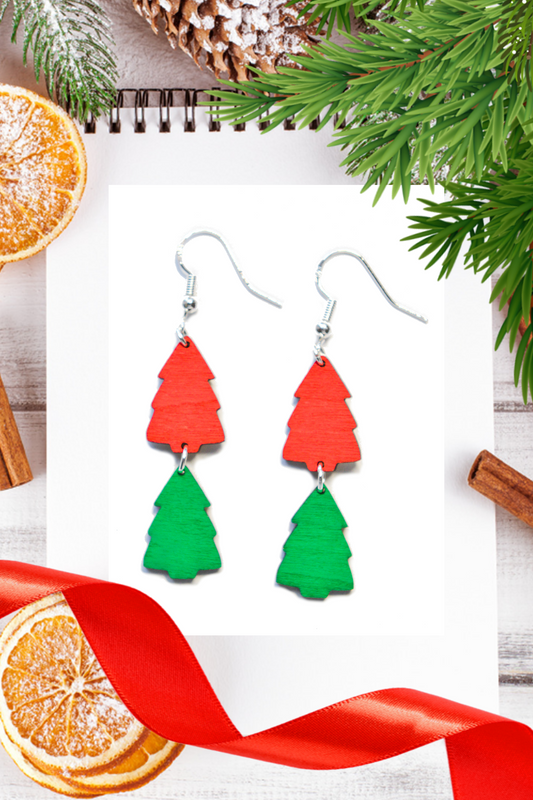 Red and Green Festive Christmas Tree Stack Earrings