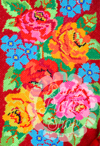 Colorful floral pattern on a red background