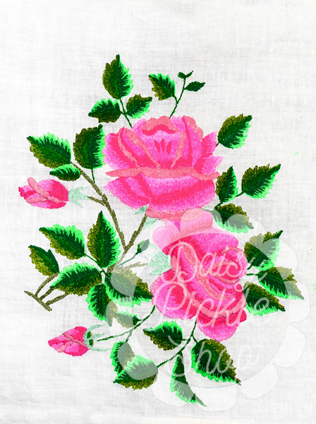 Decorative design with pink roses and green leaves on a white background