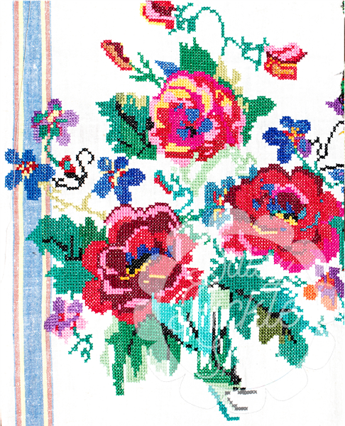 Colorful floral pattern with pink flowers and green leaves on a white background