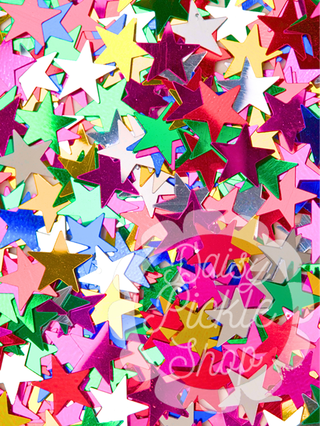 Colorful star-shaped confetti with a brand name overlay.