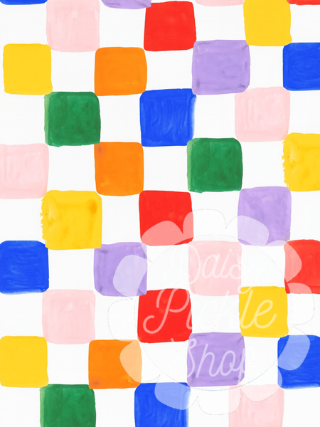 Colorful square pattern with text on a white background