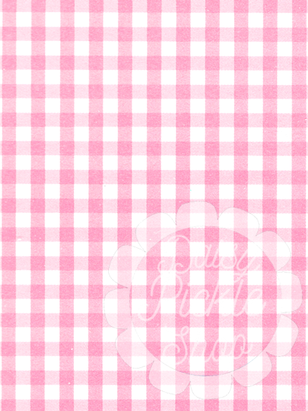 Pink and white checkered pattern with a brand name on a pink background