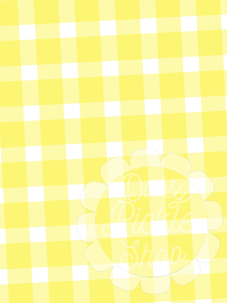 Yellow and white checkered pattern with floral design and text overlay.