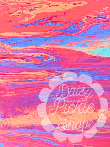 Colorful abstract pattern with 'Daisy Pickle Shop' text in the center.