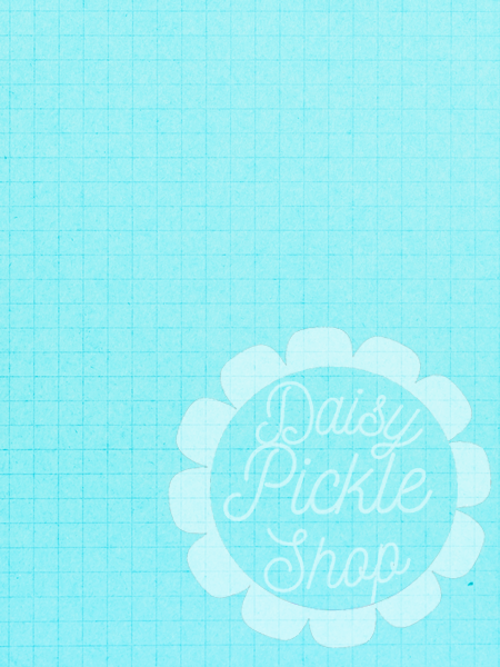 Light blue grid background with 'Daisy Pickle Shop' text in a decorative font.