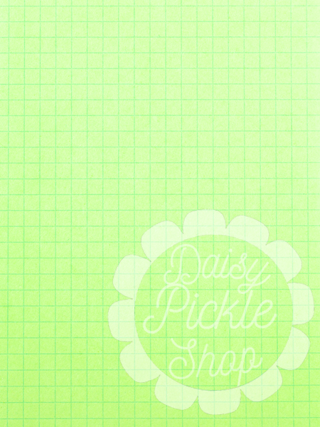 Green grid background with 'Daisy Pickle Shop' text in a decorative font.