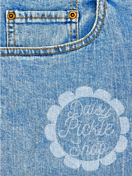 Close-up of blue denim fabric with a brand logo.