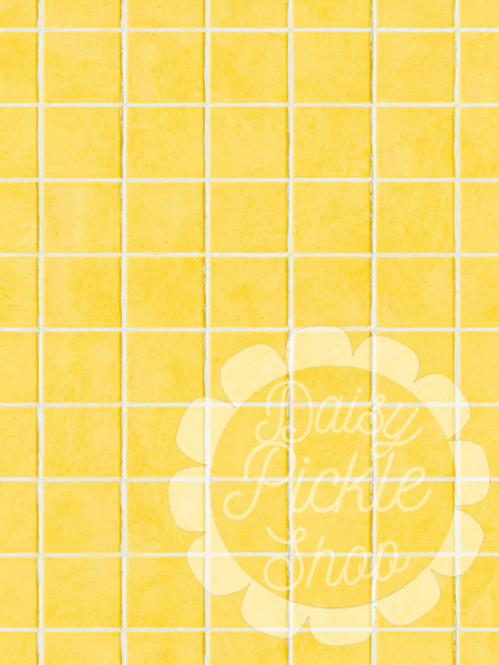 Yellow fabric with a sun design and text on a grid pattern