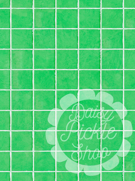Green tiled background with a floral design and text overlay
