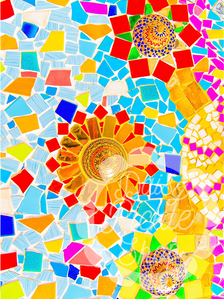 Colorful mosaic pattern with geometric shapes and concentric circles.