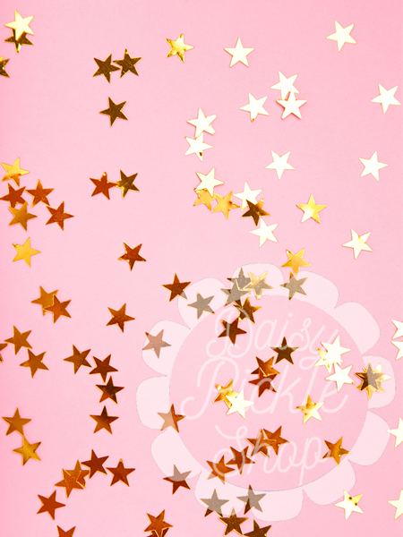 Pink background with gold, bronze, and white star confetti and 'Happy Birthday' text.