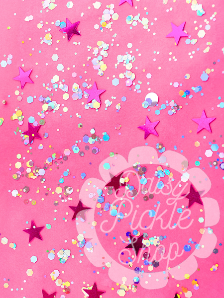 Pink background with confetti and stars featuring the text 'Pickle Rickle Shop'.
