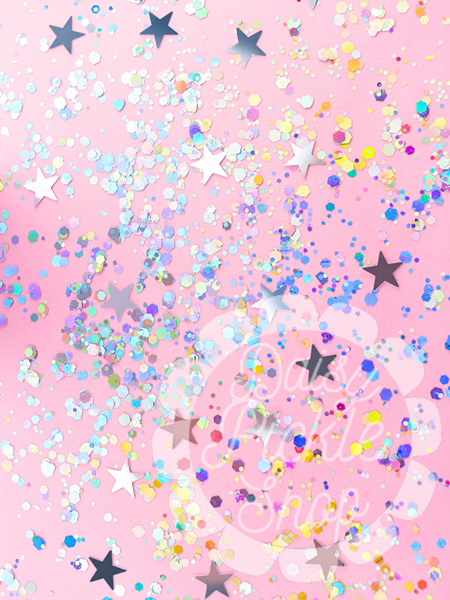 Pink background with colorful confetti and stars
