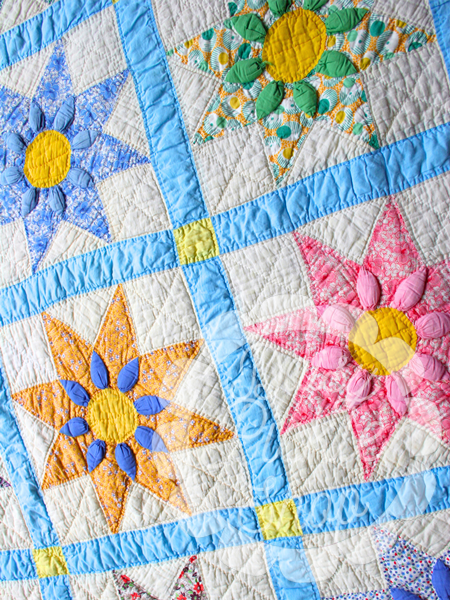 Quilt with colorful flower patterns and blue borders
