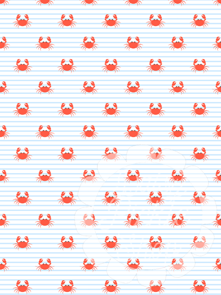 Pattern of red crabs on a blue and white striped background