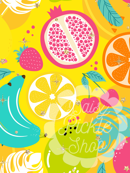 Colorful fruit pattern with 'Pickle Shop' text on a yellow background