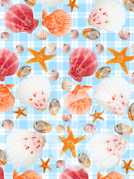 Pattern of seashells and starfish on a blue checkered background
