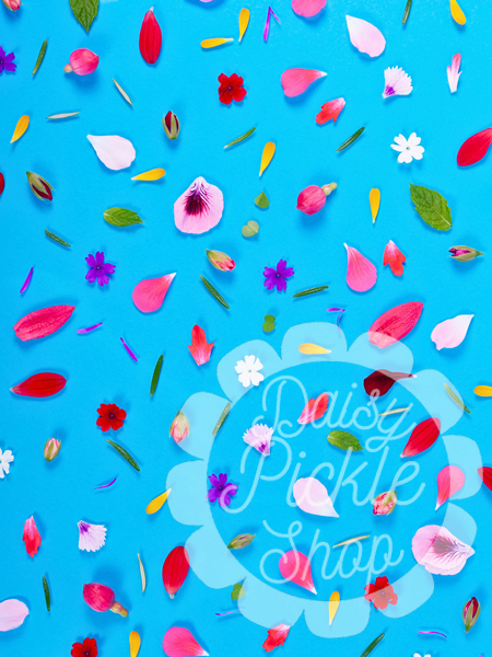 Colorful floral pattern on a blue background with 'Polly Pickle Shop' branding.