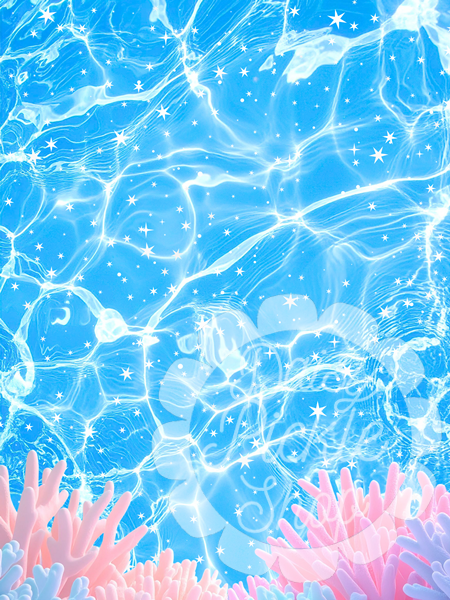 Abstract blue and white pattern with pink coral-like shapes at the bottom