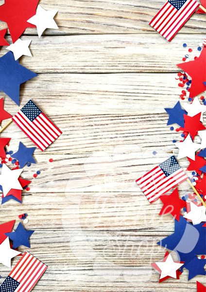 Wooden surface with American flags and stars on a wooden background