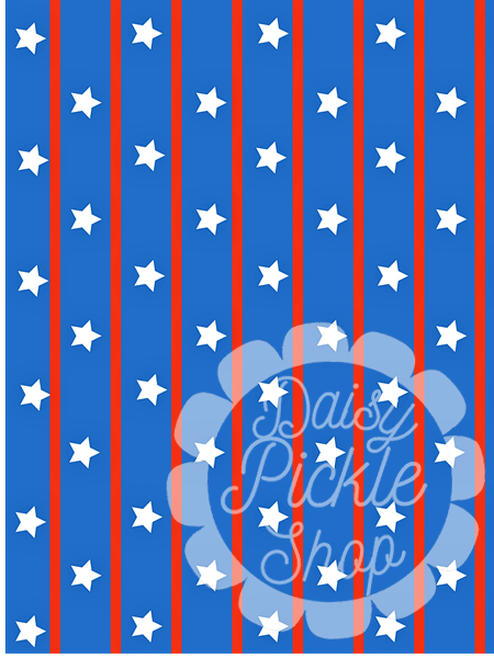 Pattern with blue stripes, red lines, and white stars on a blue background with 'Daisy Pickle Shop' branding.