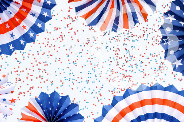 Decorative background with red, white, and blue paper fans and confetti.