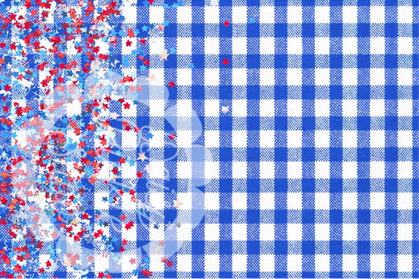 Blue and white checkered pattern with red and white confetti-like design overlay
