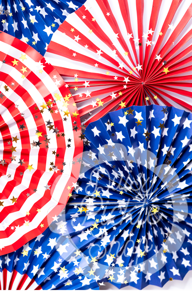 Decorative fans with American flag design in red, white, and blue.