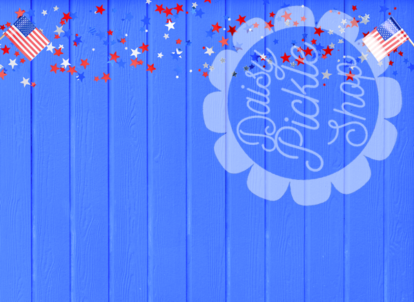 Blue wooden background with patriotic elements and 'Daisy Pickle Shop' branding.