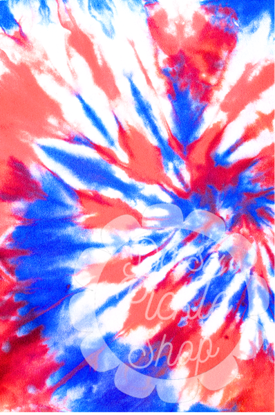 Tie-dye pattern with red, blue, and white colors on a white background.