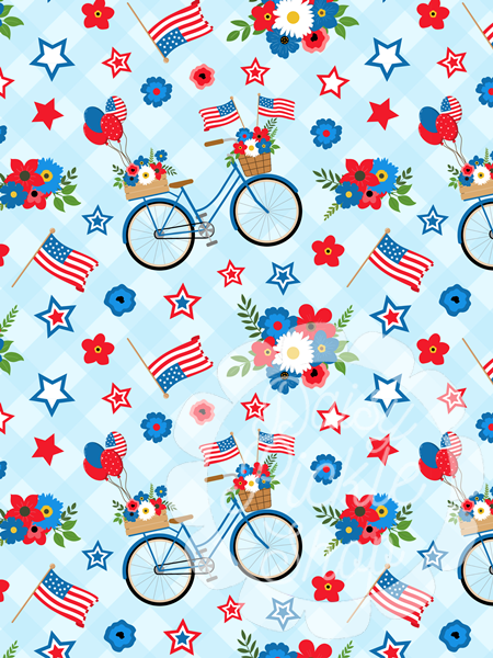 Pattern with bicycles, American flags, and flowers on a blue background