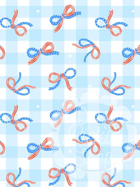 Pattern of red and blue bows on a blue checkered background