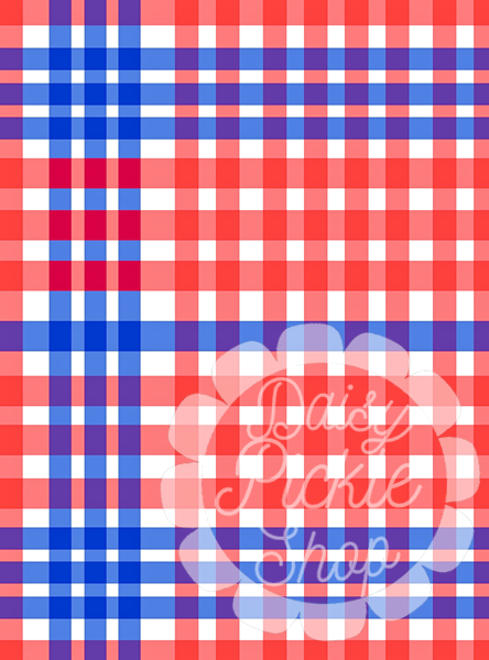 Red, white, and blue checkered pattern with 'Daddy Pickle Shop' text.