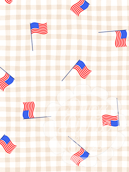 Small American flags on a beige and white checkered background