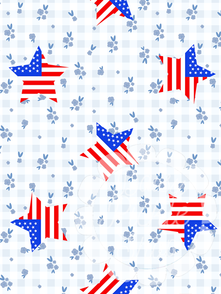 Pattern of American flags in star and rectangular shapes on a blue checkered background.