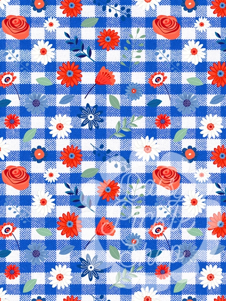 Floral pattern with red, white, and blue flowers on a blue and white checkered background