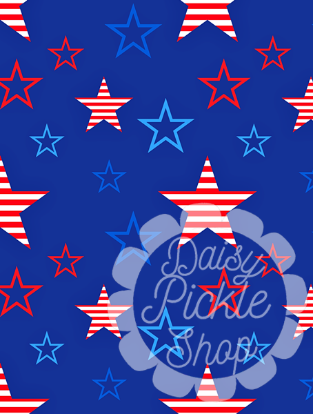 Pattern of red and blue stars on a blue background with 'Daisy Pickle Shop' text.