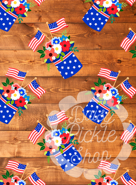 Decorative pattern with American flags, flowers, and cowboy hats on a wooden background.