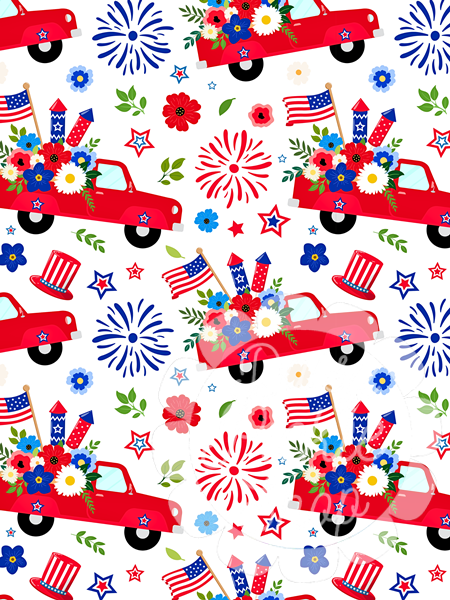 Pattern of red trucks, flowers, American flags, and fireworks on a white background