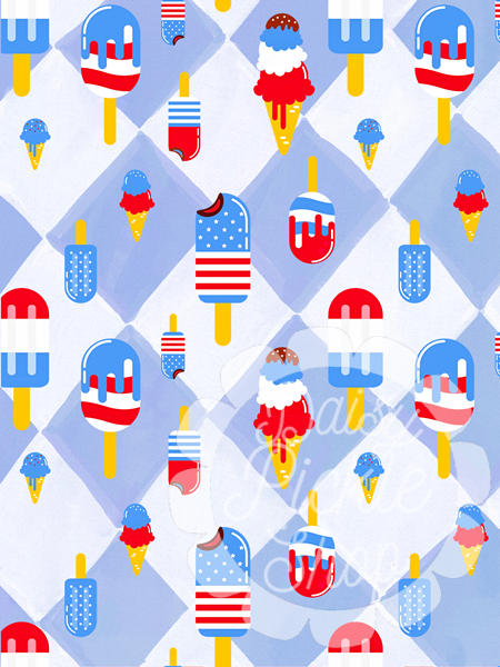 Pattern of ice cream cones, popsicles, and shovels with American flag colors on a blue and white background.