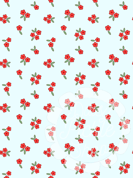 Pattern of red flowers with green leaves on a light blue background