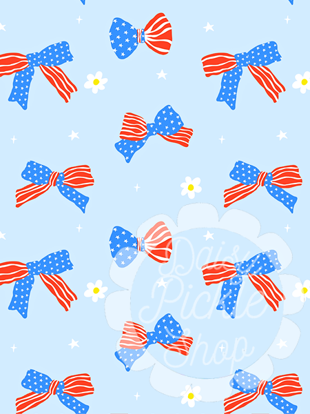 Pattern of red, white, and blue polka dot bows on a light blue background with snowflakes.