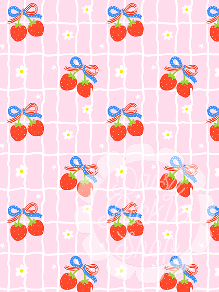 Pattern of red cherries with blue ribbons on a pink grid background