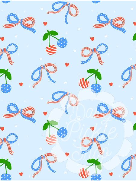 Pattern of colorful bows, cherries, and hearts on a light blue background
