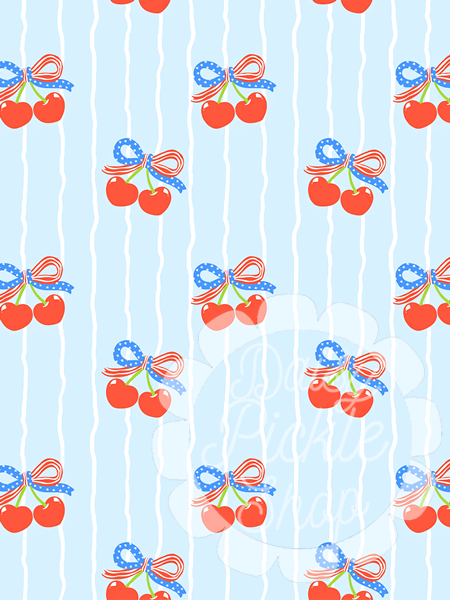 Pattern of cherries with blue ribbons on a light blue background