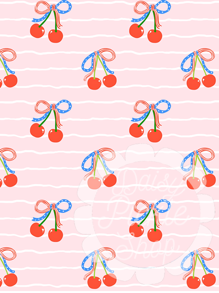 Pattern of cherries with bows on a pink background